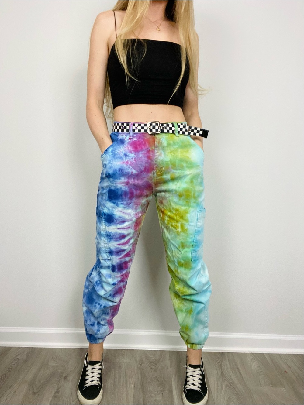 American Bazi Multicolor Tie Dye Green Blue Purple High Rise Denim Cargo Pants